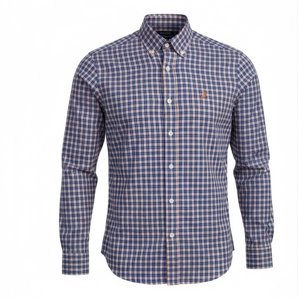 Nautica Mens Large Stretch Gingham Button Down Shirt Navy Orange Long Sleeve L